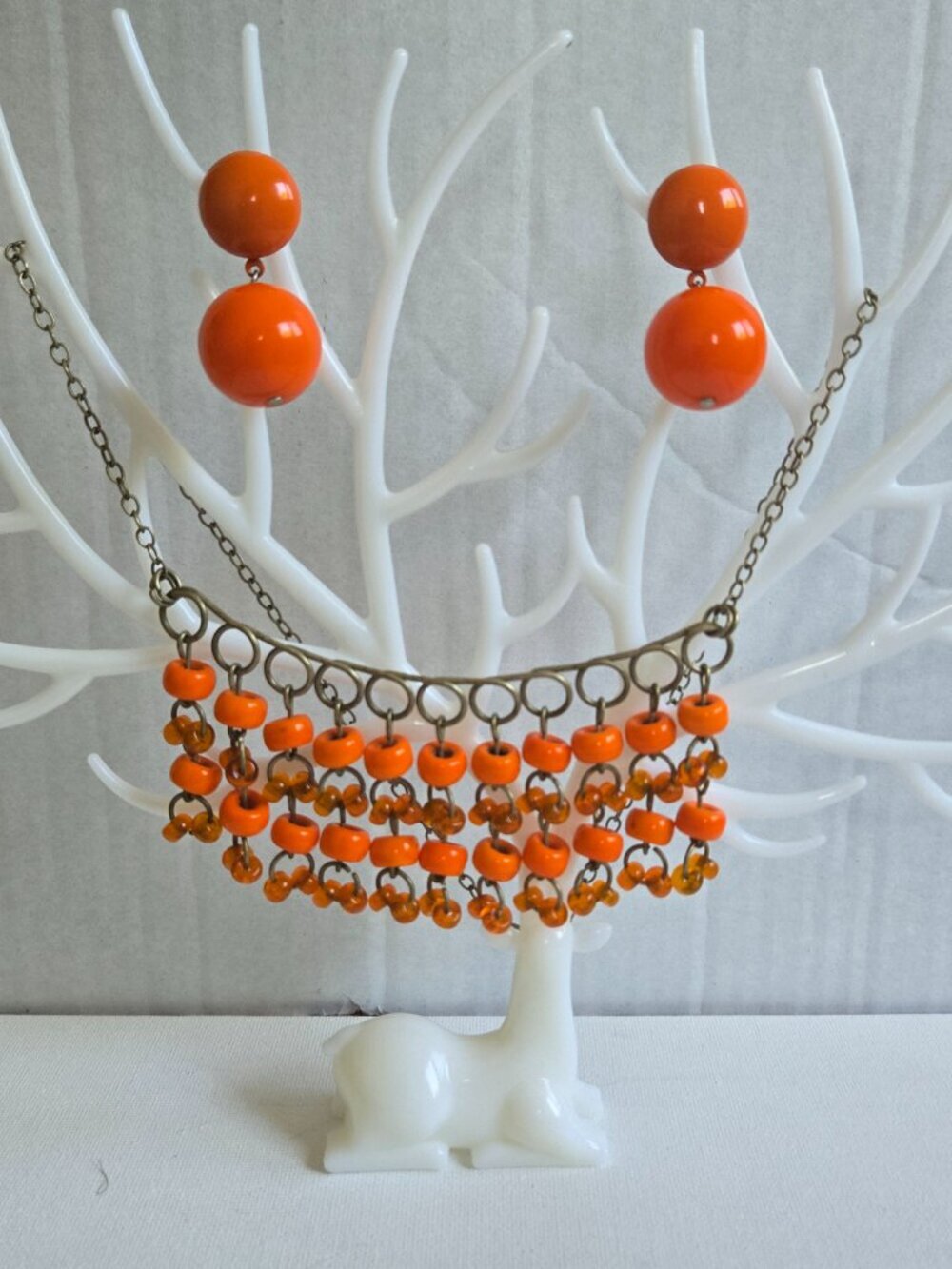 Vintage Mod Bright Orange Bib Necklace & Earrings Set
